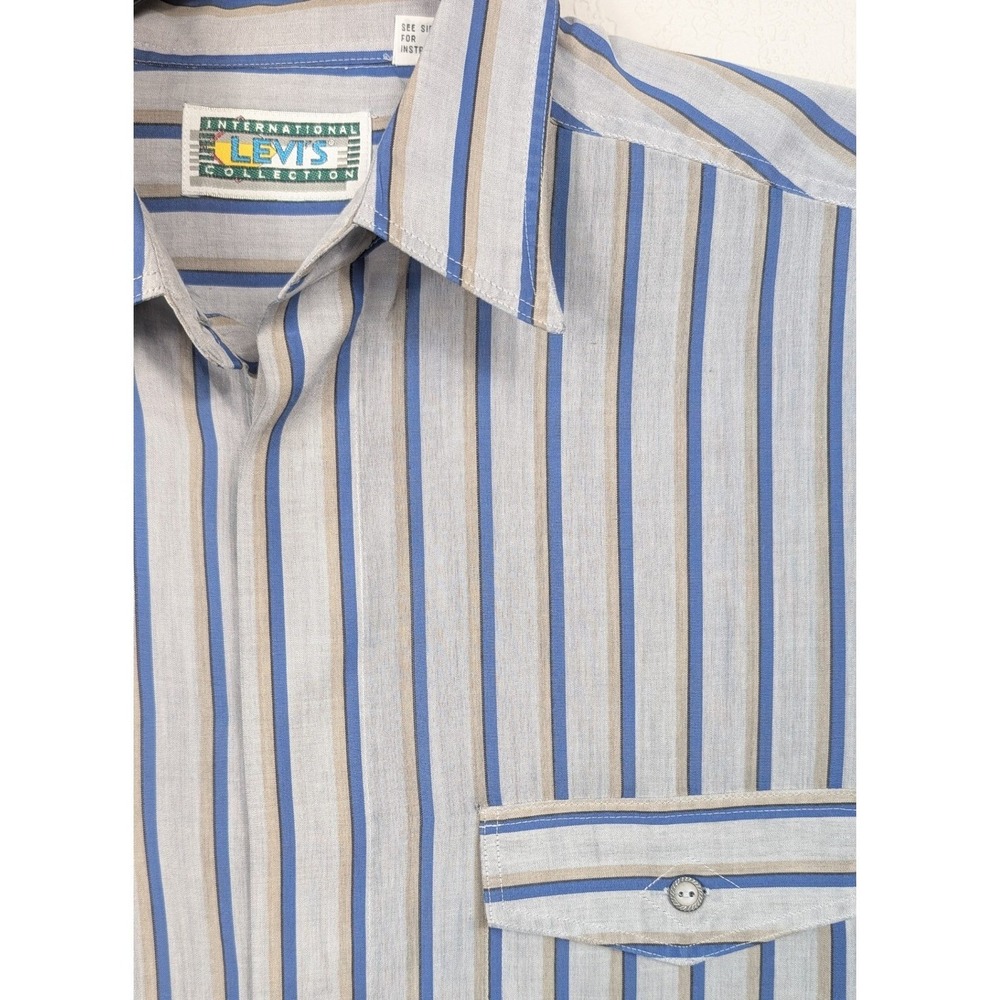 Levis Button Down Shirt Men L Blue Gray Striped International Collection Vintage